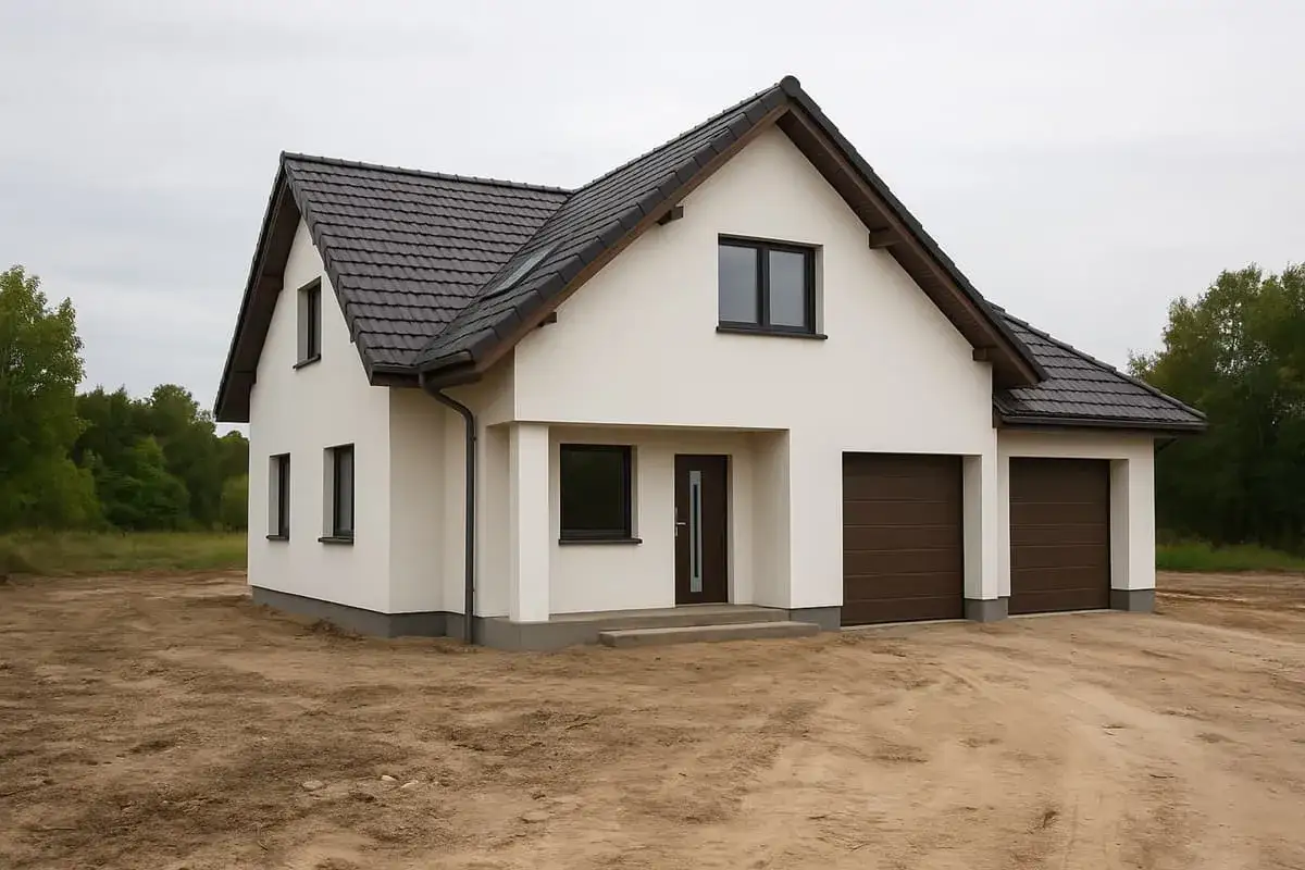 Nowy dom z dwoma garażami czeka na odbiór przez nadzór budowlany.