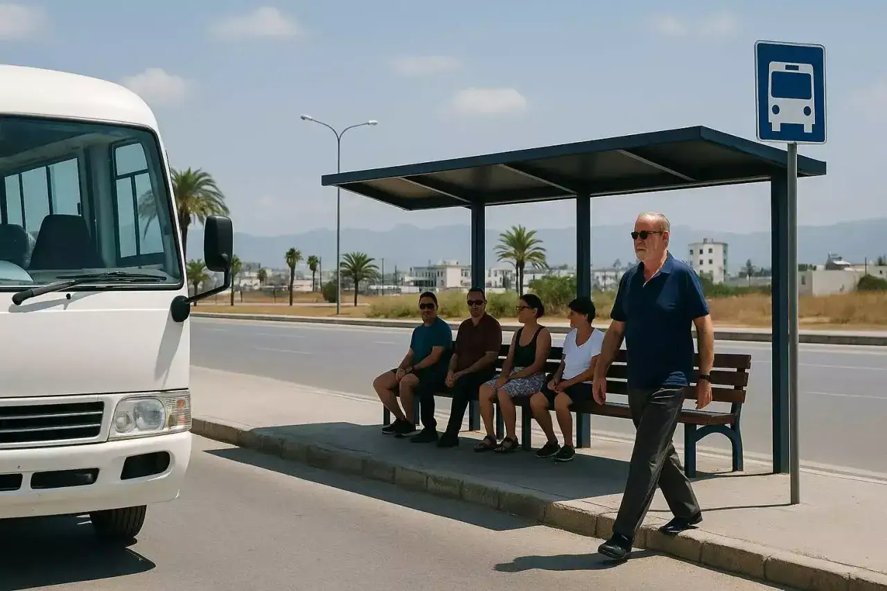 Ludzie czekają na autobus na Cyprze. Czy życie na Cyprze jest drogie? Transport publiczny wydaje się być dostępny.