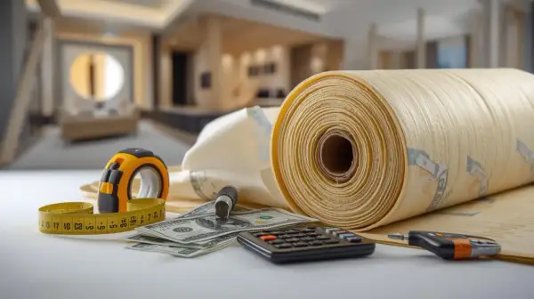 Rolka materiału izolacyjnego, miarka, kalkulator i banknoty. Obliczenia ile kosztuje termoizolacja budynku.